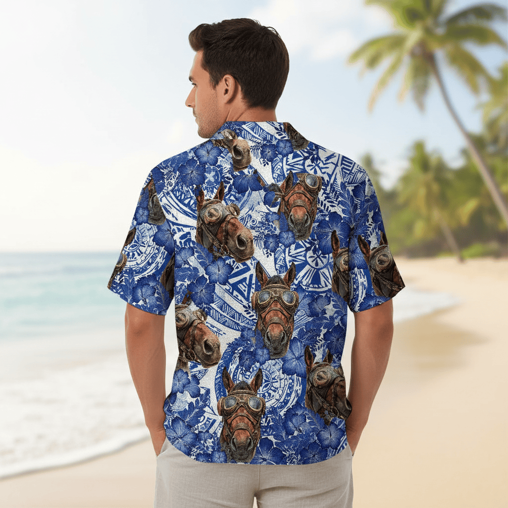Vintage Horse Blue Hibiscus Hawaiian Shirt