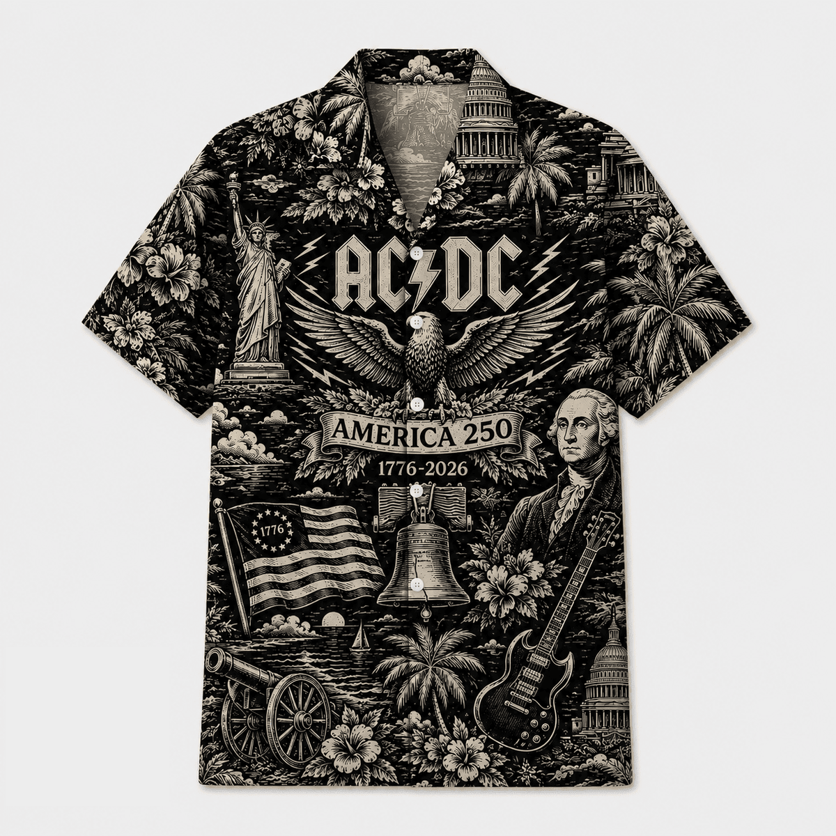 AC/DC America 250 Black Vintage Eagle Hawaiian Shirt