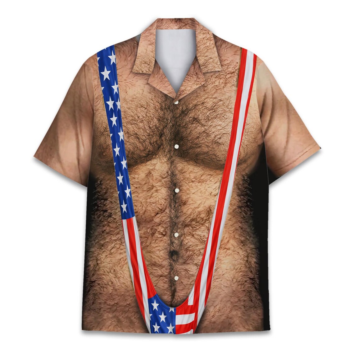 American Flag Funny Hawaiian Shirt Men, Patriotic Chest Hair Illusion