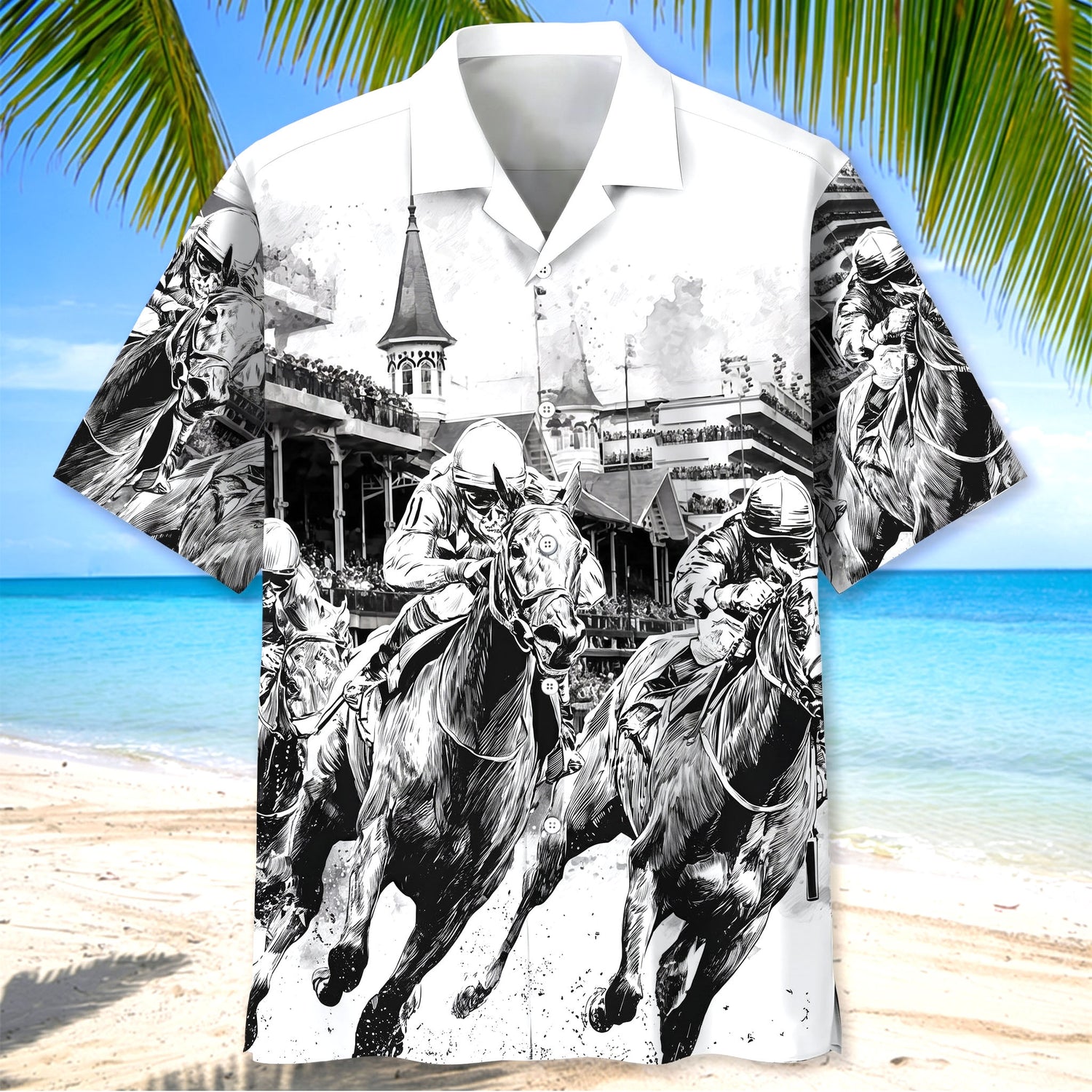 Black And White Horse Racing Hawaiian Shirt