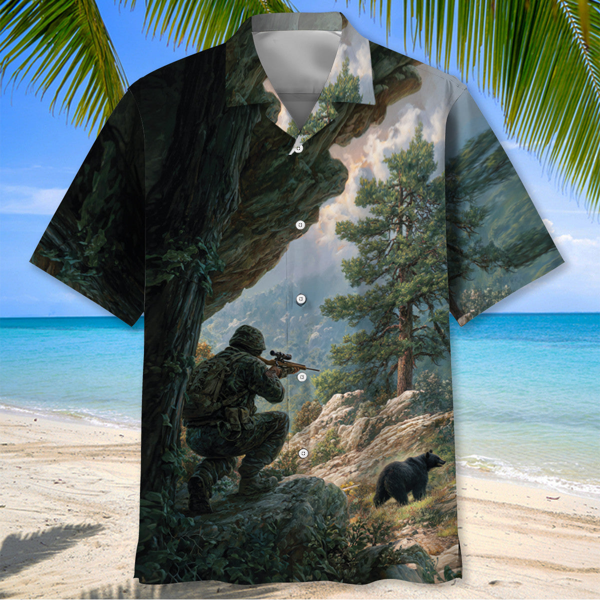 Black Bear Hunting Art Hawaiian Shirt