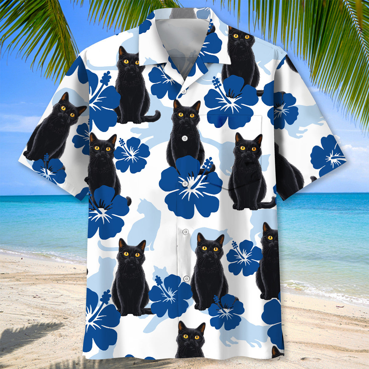 Black Cat Hibiscus Summer Pocket Hawaiian Shirt