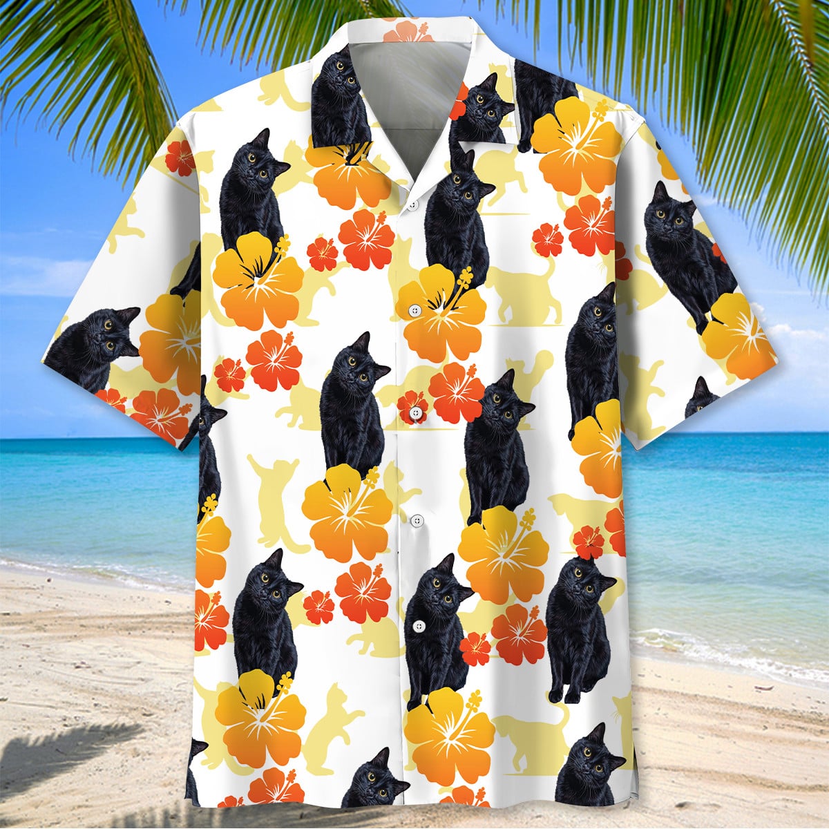 Black Cat Yellow Hibiscus Hawaiian Shirt