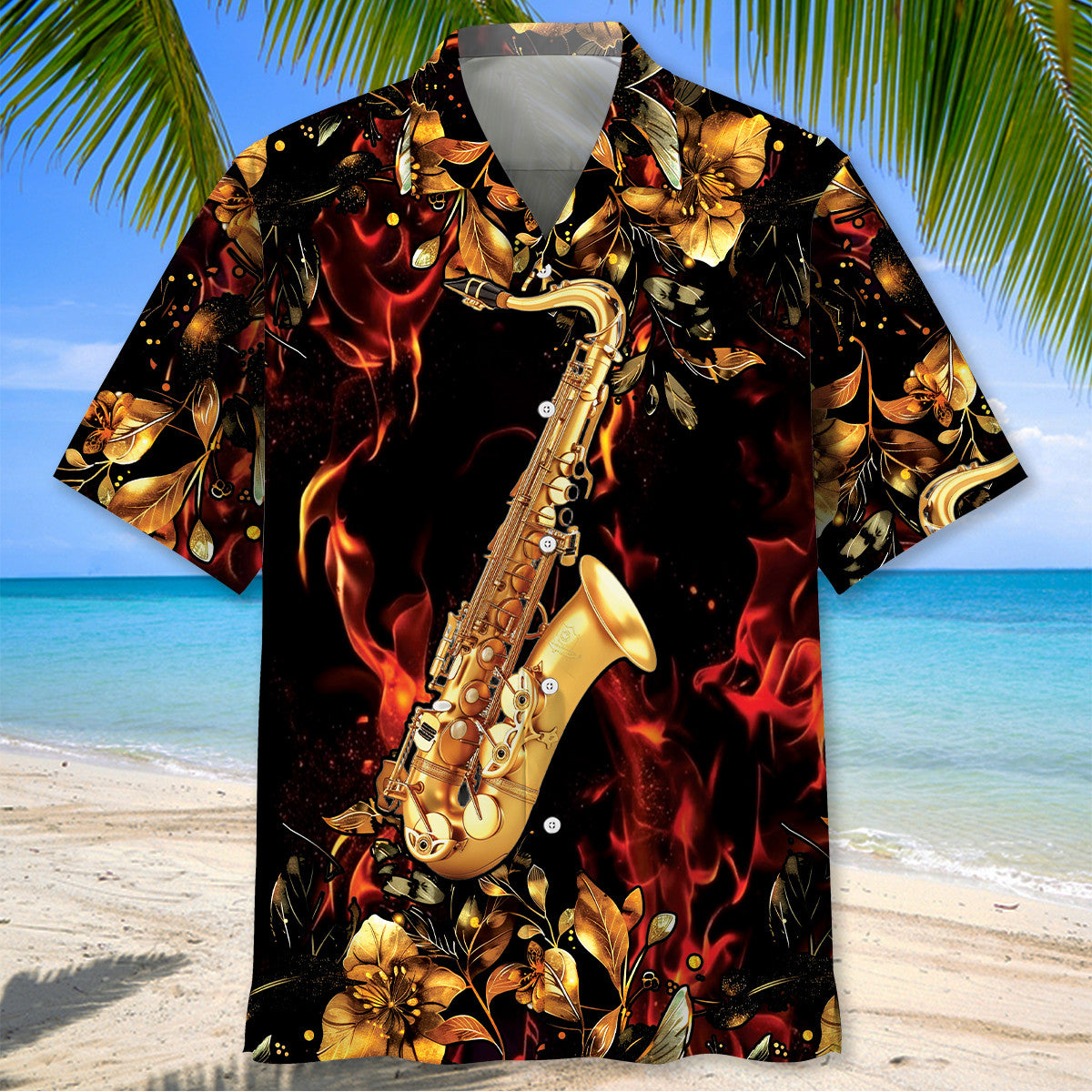 Black Fire Saxophone Hawaiian Shirt