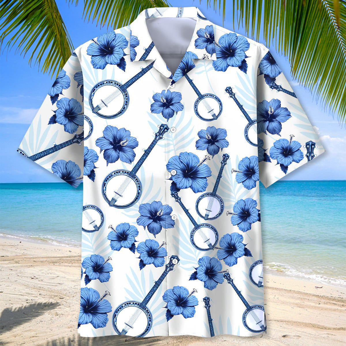 Blue 5-String Banjo Hibiscus Hawaiian Shirt