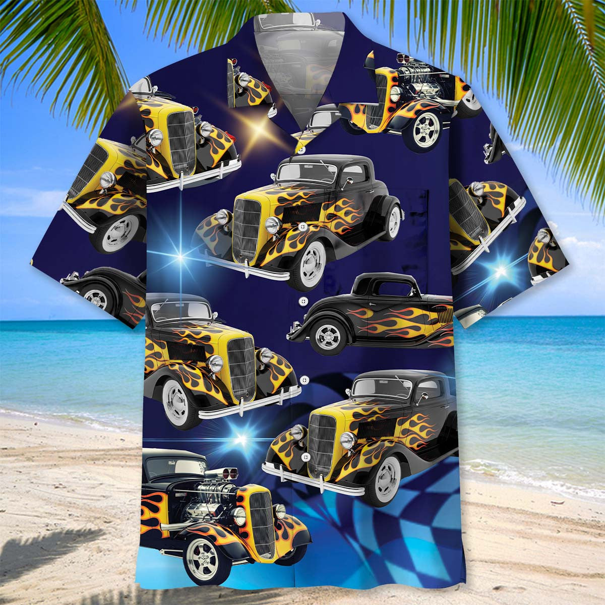 Blue Hot Rod Classic Car Hawaiian Shirt Pocket