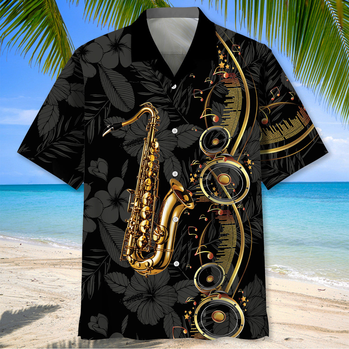 Brass Saxophone Black Hawaiian Shirt