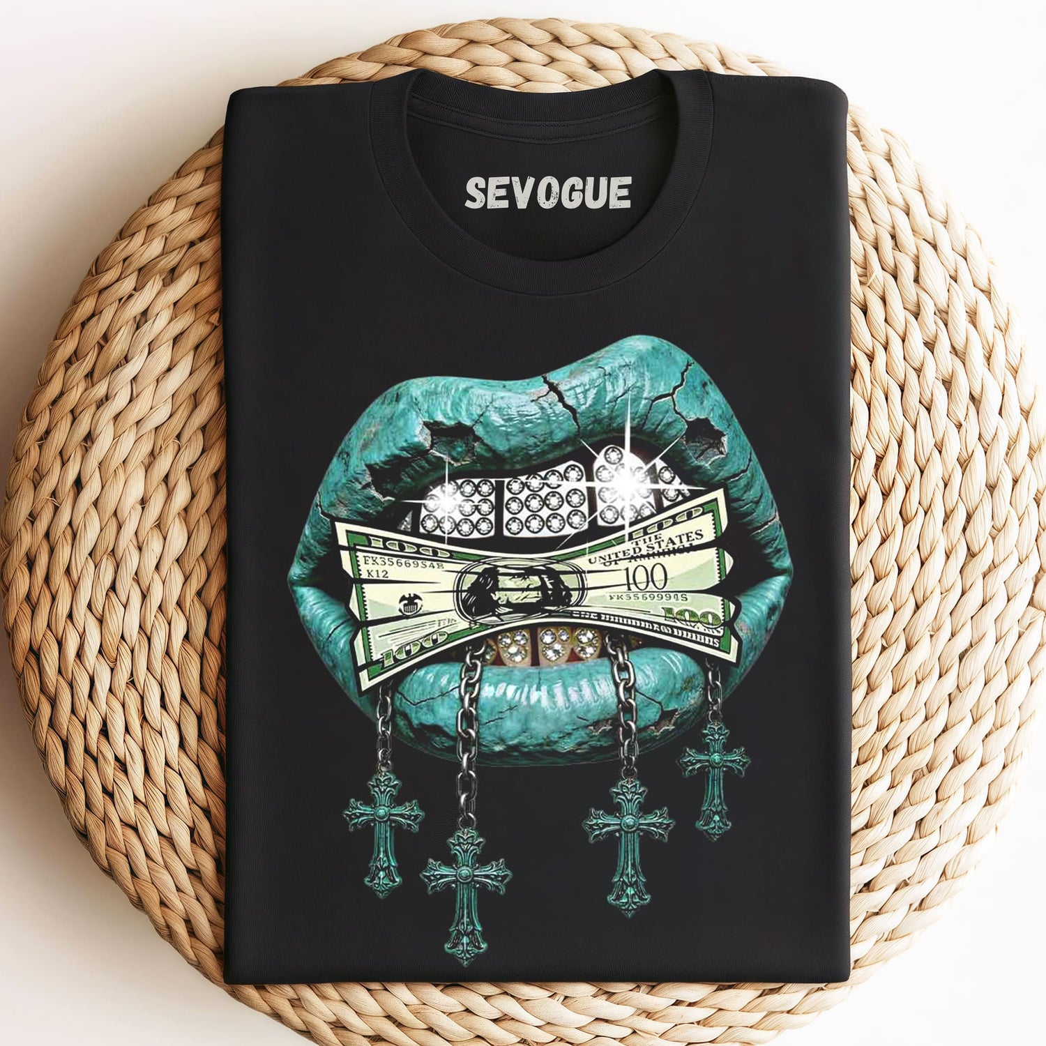 Bronze Guardian - Chain Iced Out Fangs Cross Unisex Tee, Tank Top, Layered LS, Sweatshirt & Hoodie