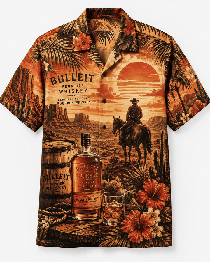 Bulleit Bourbon Western Sunset Cowboy Hawaiian Shirt