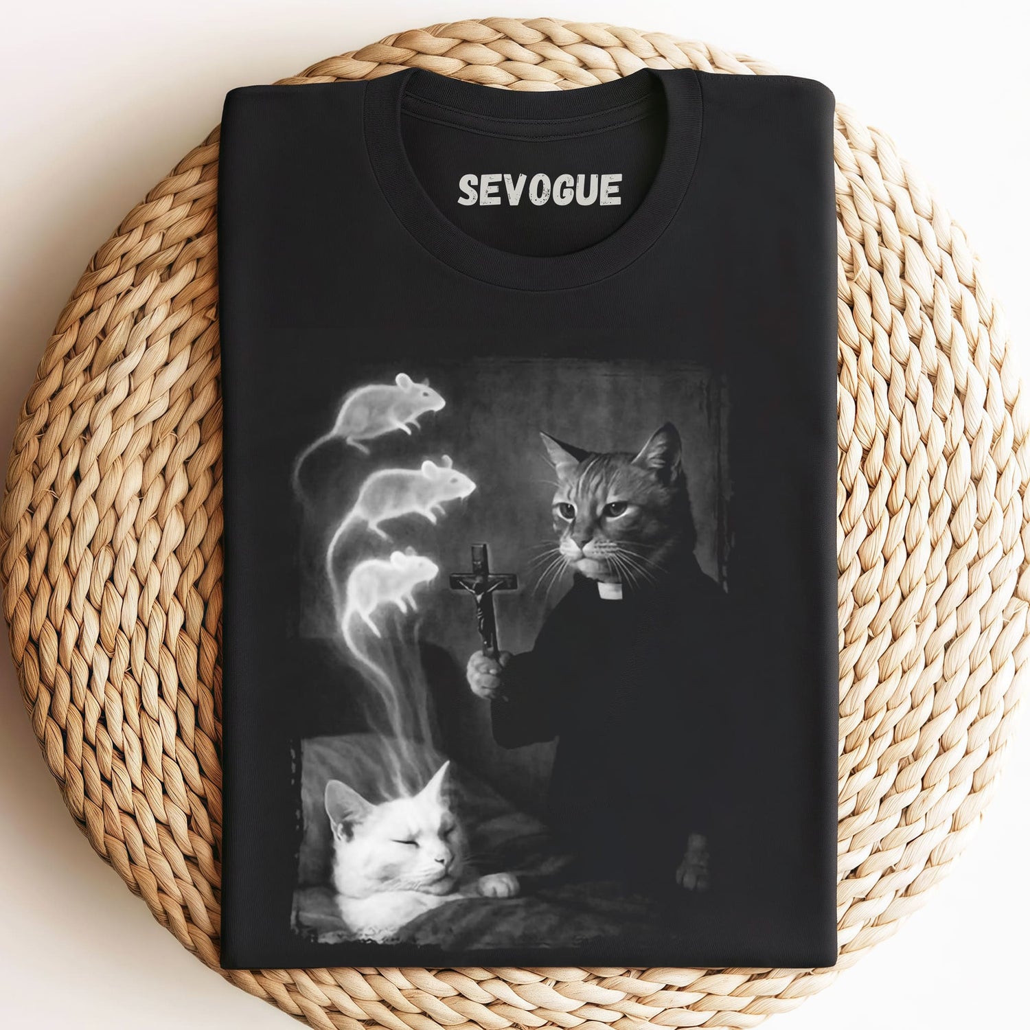 Cat Exorcist Funny Priest Cat & Ghost Mice Unisex Tee, Sweatshirt & Hoodie
