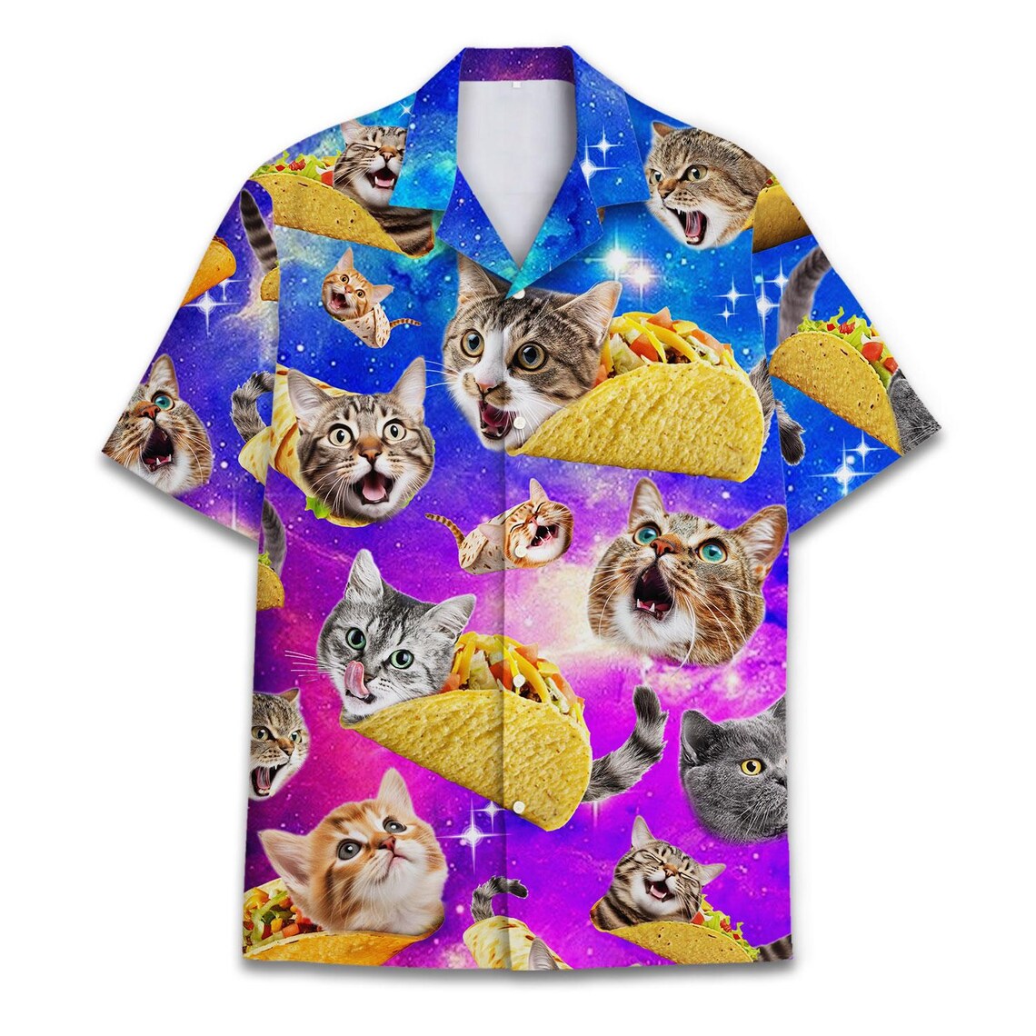 Custom Photo Galaxy Cat Taco Hawaiian Shirt, Funny Space Button Down
