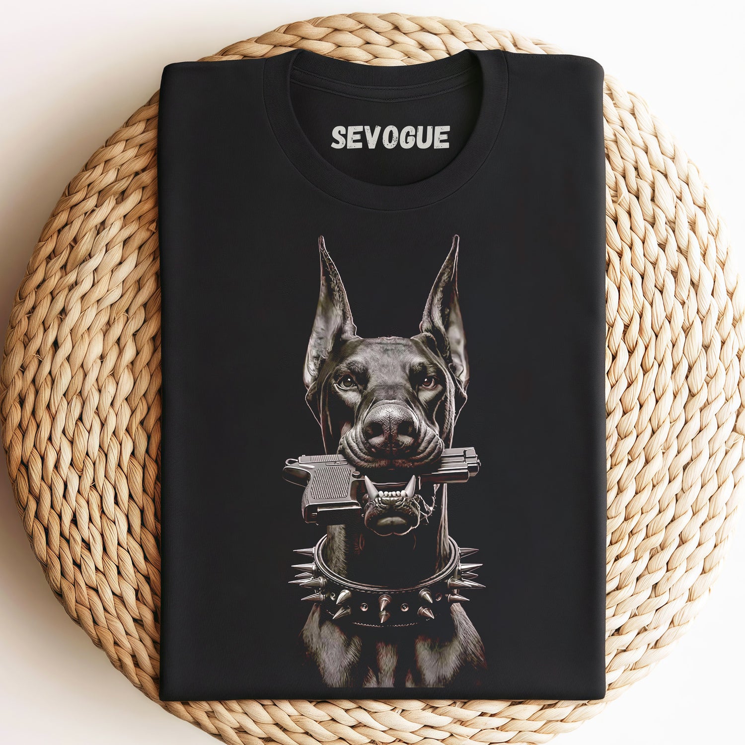 Doberman Dog With A Gun In Its Mouth Unisex Tee, Sweatshirt & Hoodie