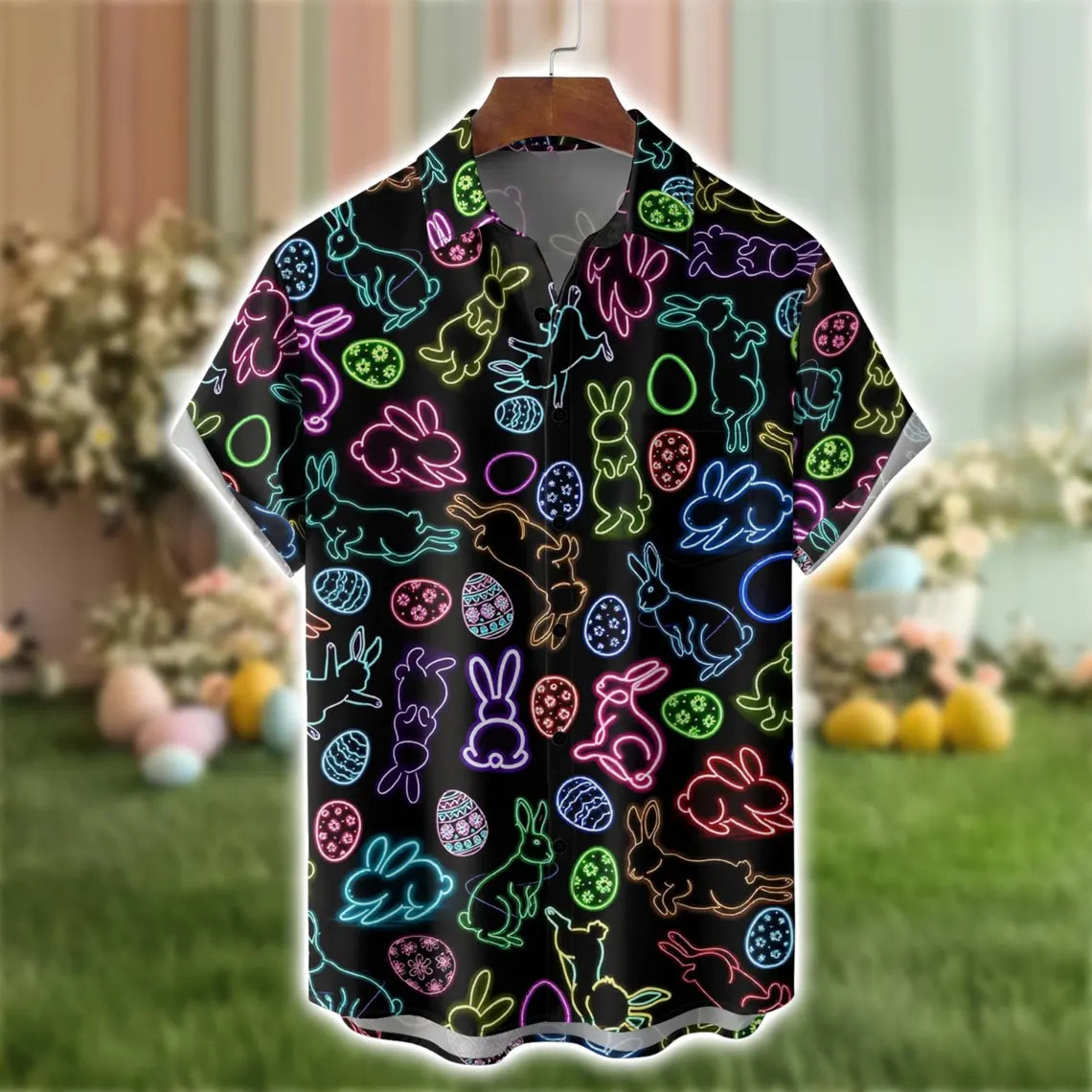 Easter Hawaiian Shirt, Lightweight Breathable Comfort, Neon Lights Bunny & Easter Egg Chest Pocket Print