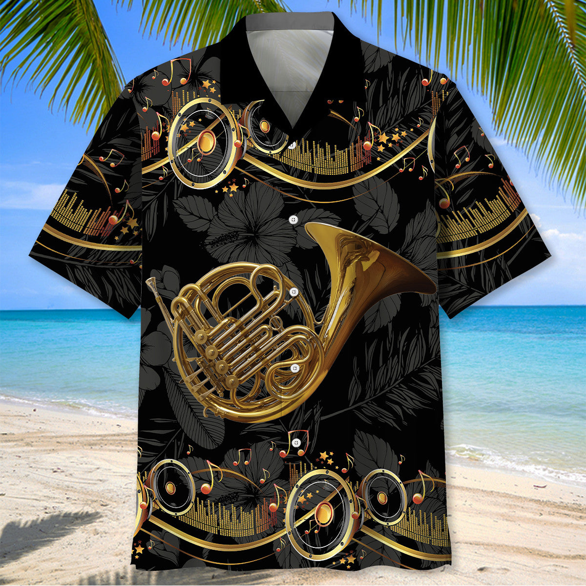 French Horn Black Hawaiian Shirt