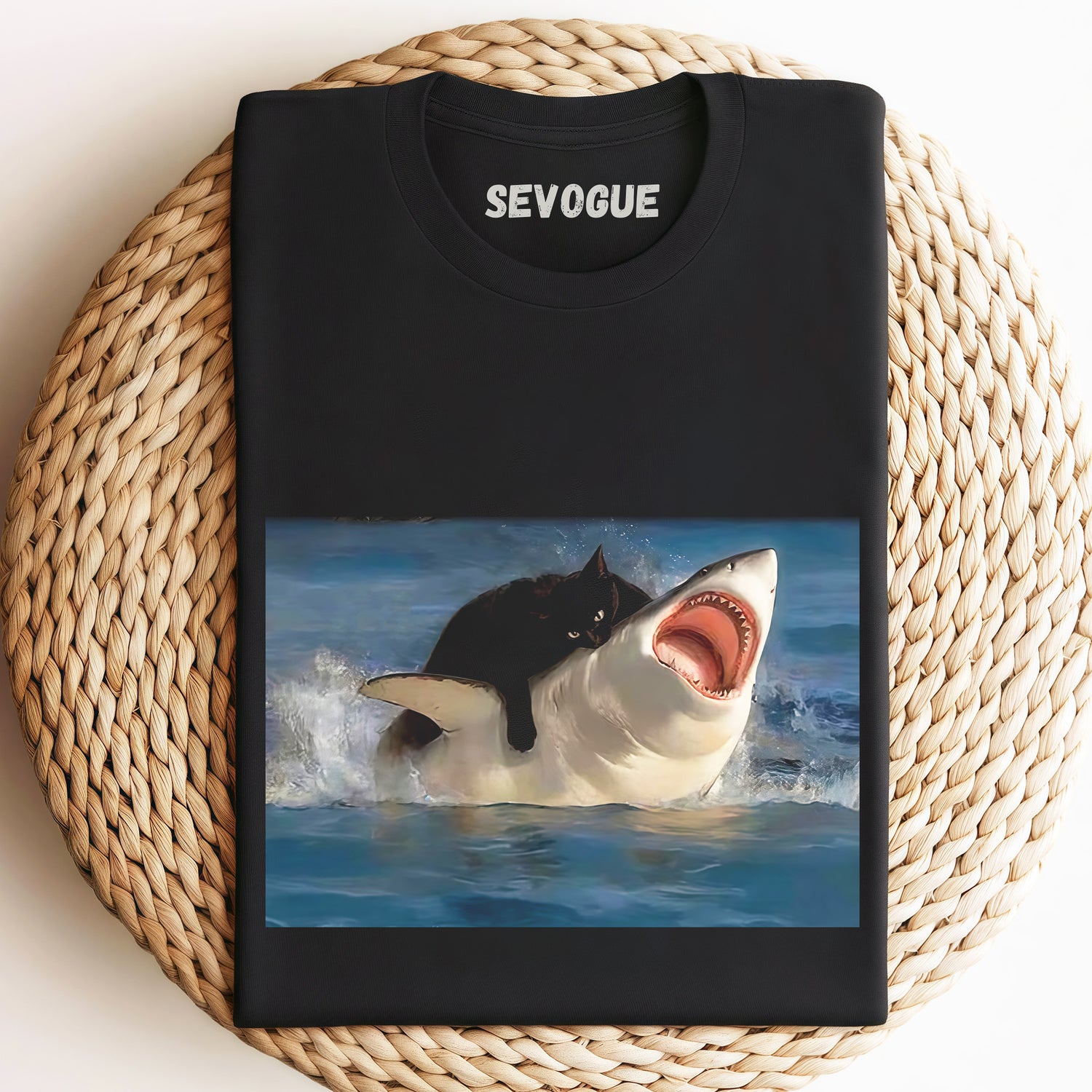 Funny Cat Bites Shark Unisex Tee, Sweatshirt & Hoodi