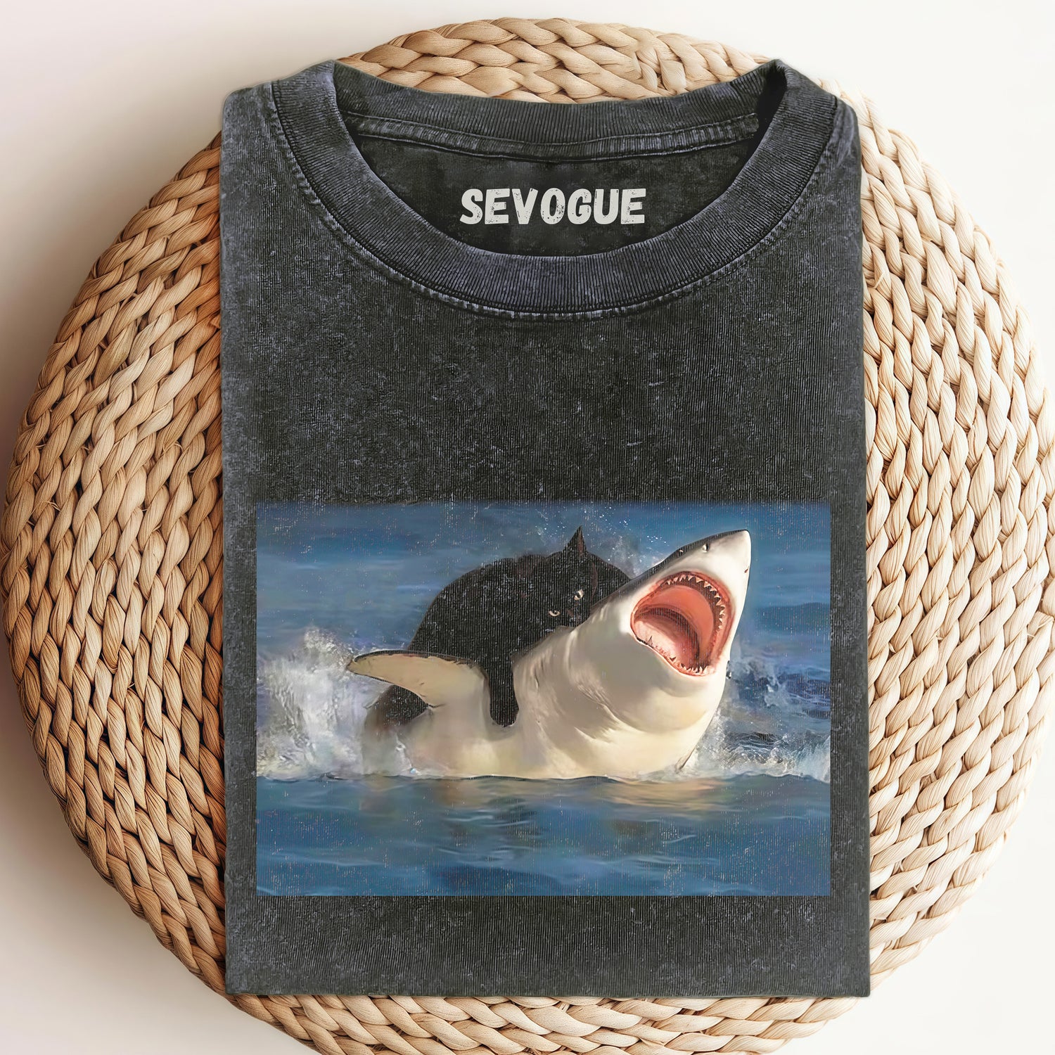 Funny Cat Bites Shark Unisex Tee, Sweatshirt & Hoodi