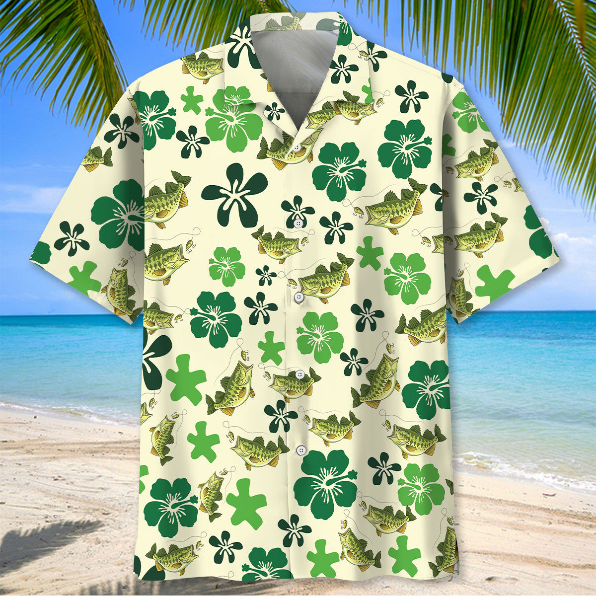 Funny Green Bass Fish Hibiscus Hawaiian Shirt