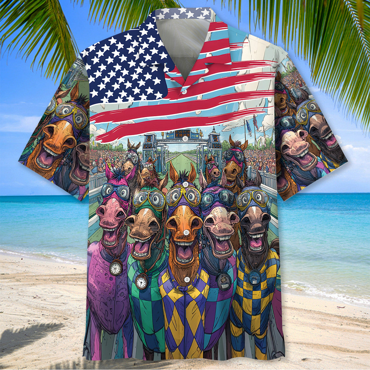 Funny Horse Racing American Flag Hawaiian Shirt