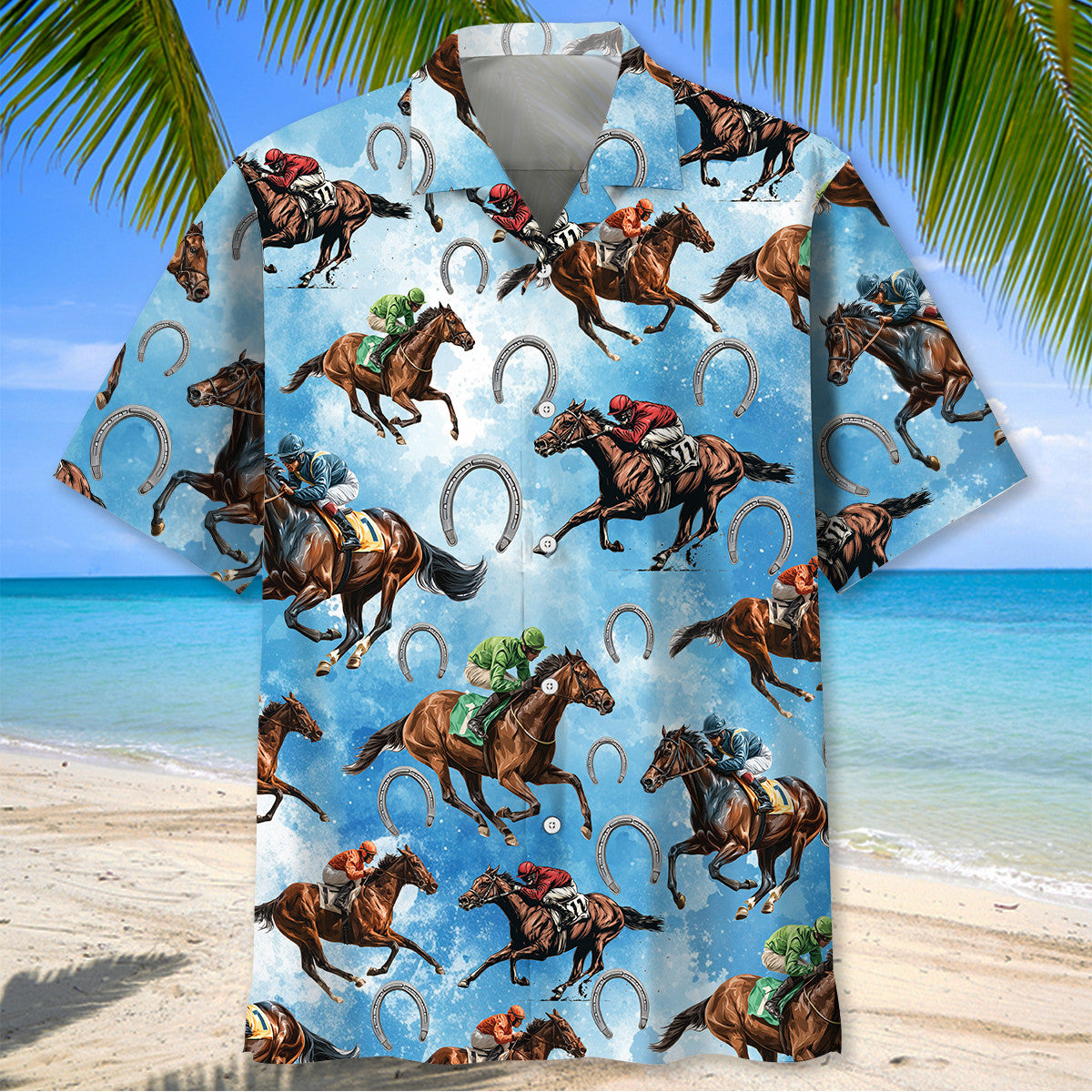 Horse Racing Blue Hawaiian Shirt