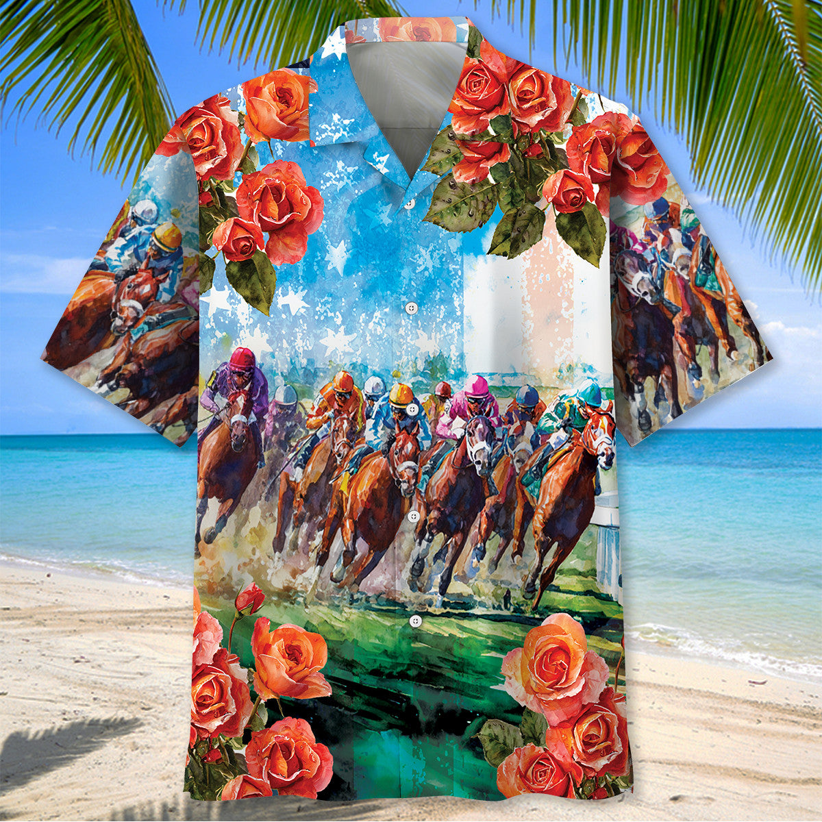 Horse Racing Rose American Flag Watercolor Hawaiian Shirt