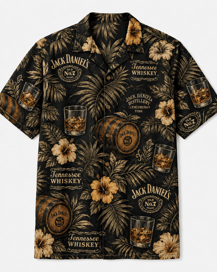 Jack Daniel’s Black & Gold Tropical Whiskey Hawaiian Shirt