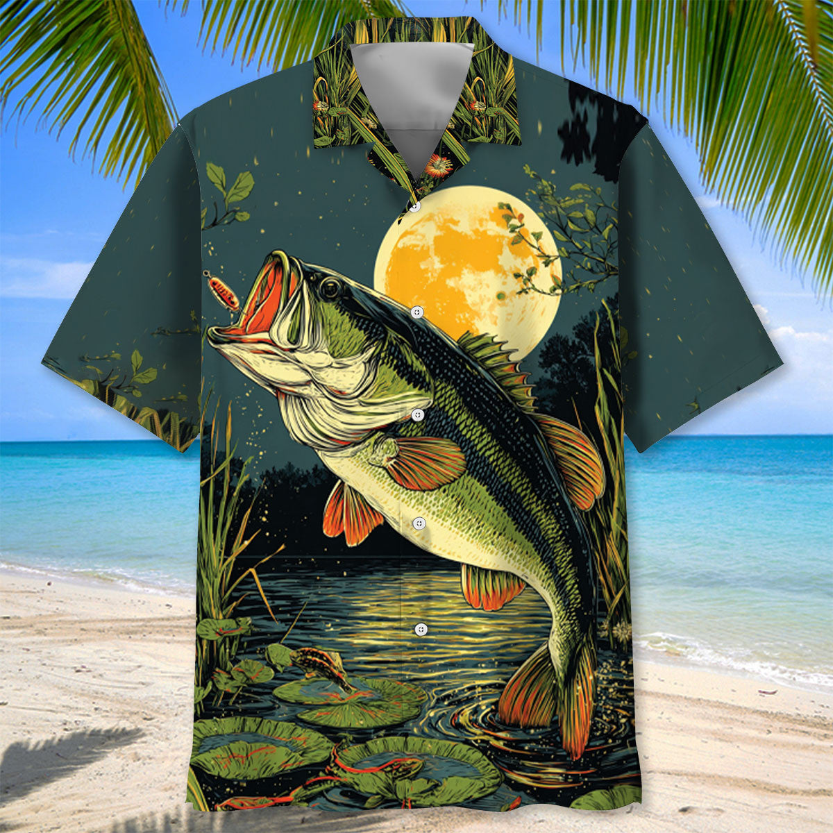 Largemouth Bass Moon Light Hawaiian Shirt