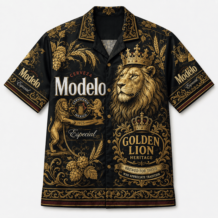 Modelo Golden Lion Heritage Hawaiian Shirt