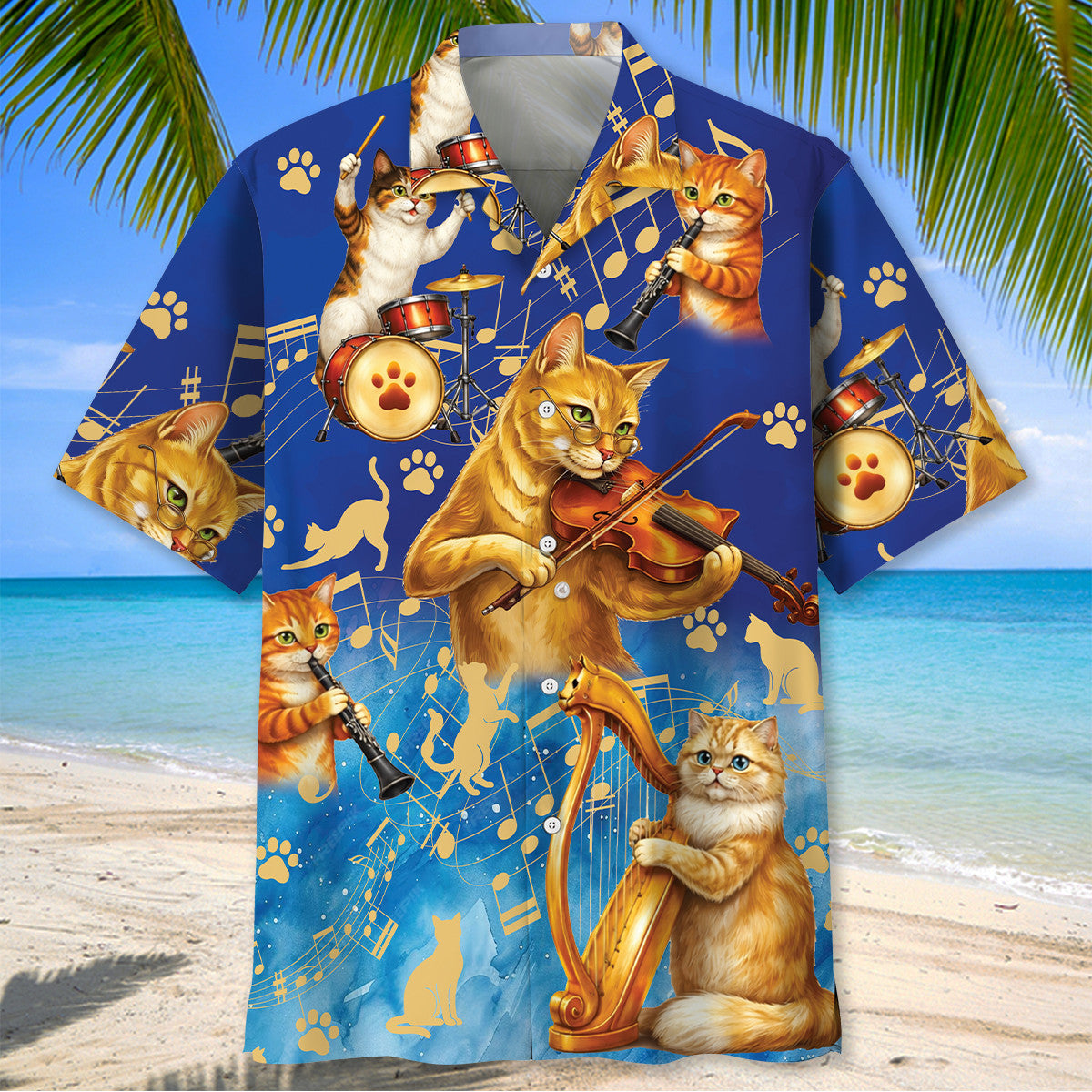 Musical Cats Playing Instruments Blue Hawaiian Shirt