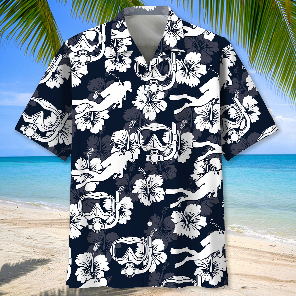 Navy Scuba Diving Hibiscus Pattern Hawaiian Shirt