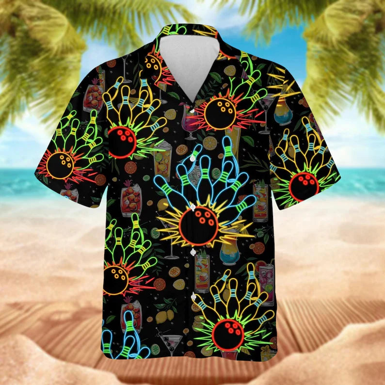 Neon Bowling Hawaiian Shirt: Retro Cocktail Party Shirt