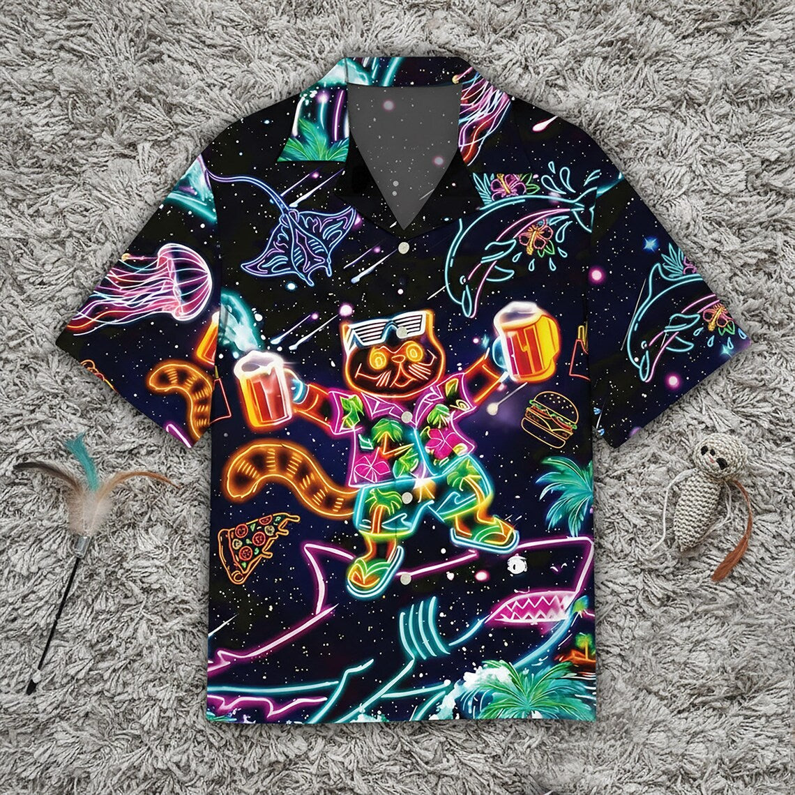 Neon Cat And Shark Hawaiian Shirt