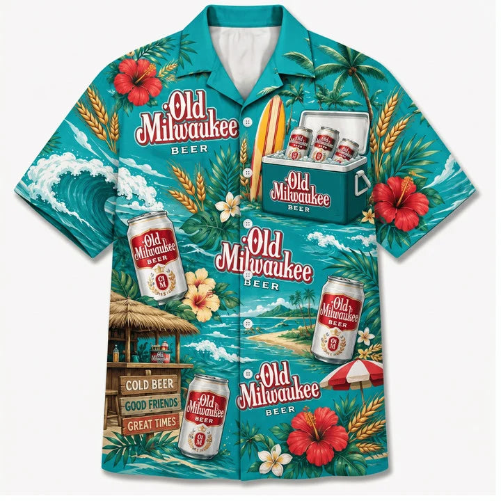 Old Milwaukee Turquoise Beach Party Hawaiian Shirt