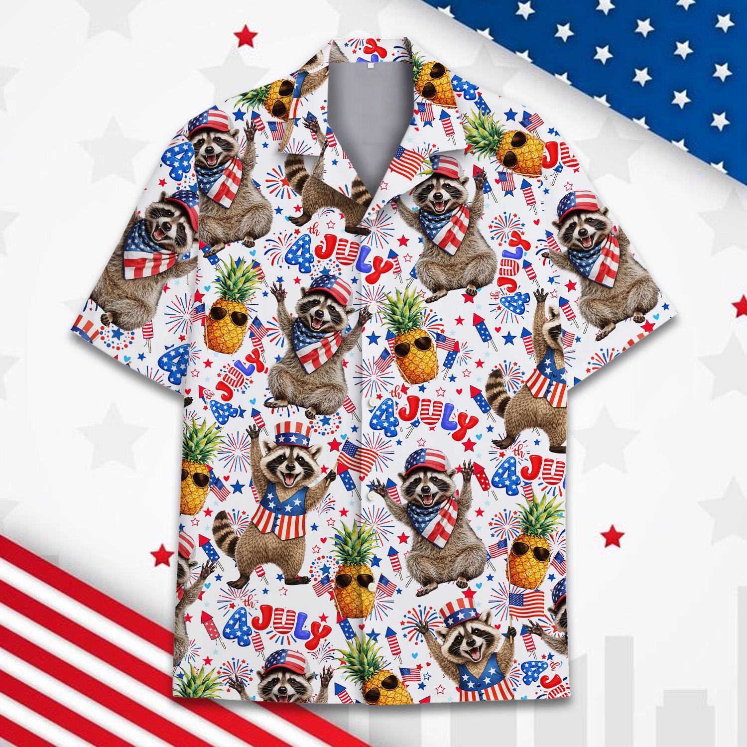 Raccoon & Pineapple Hawaiian Shirt, Patriotic USA Button Up Shirt