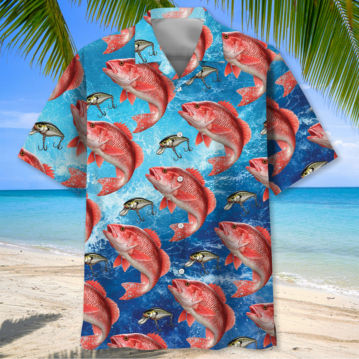 Red Snapper Fish Blue Hawaiian Shirt
