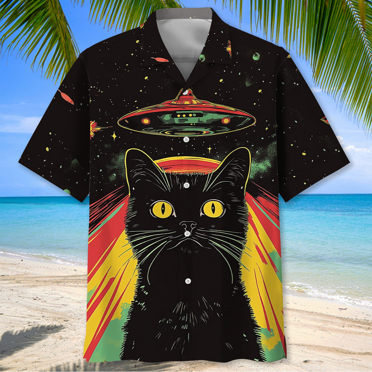 Retro Black Cat UFO Beam Hawaiian Shirt