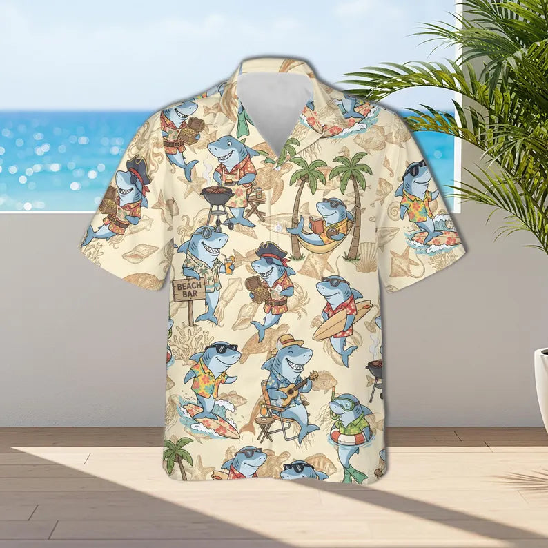 Shark Summer Hawaiian Shirt, Funny Shark Beach Party Print