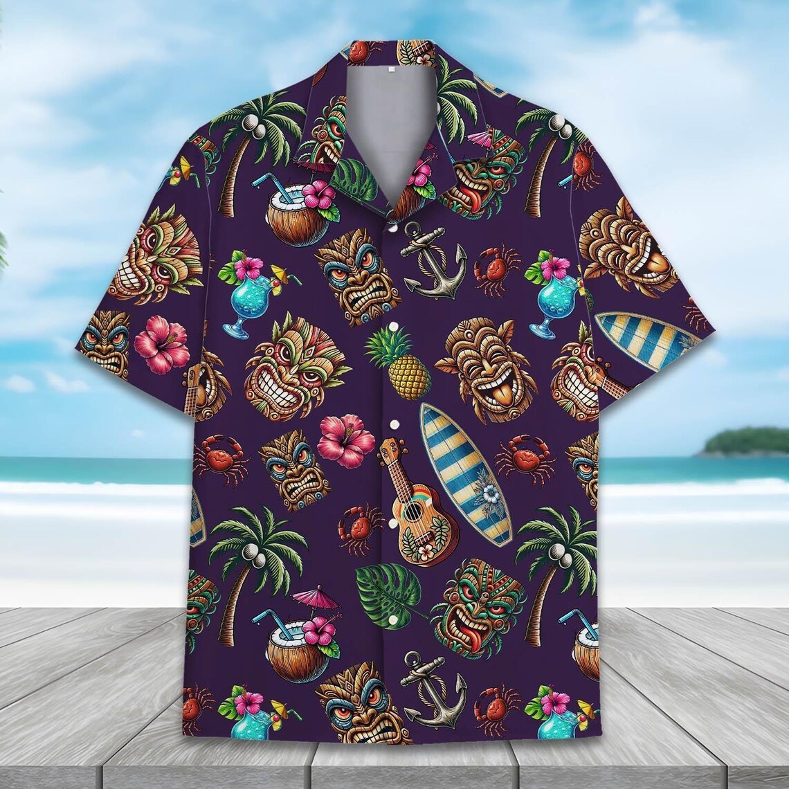 Tiki Hawaiian Shirt Summer Beach Aloha Print, Short Sleeve Button Down