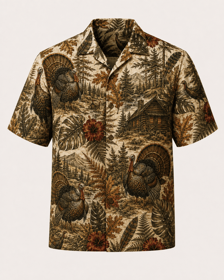Wild Turkey Woodland Cabin Hawaiian Shirt